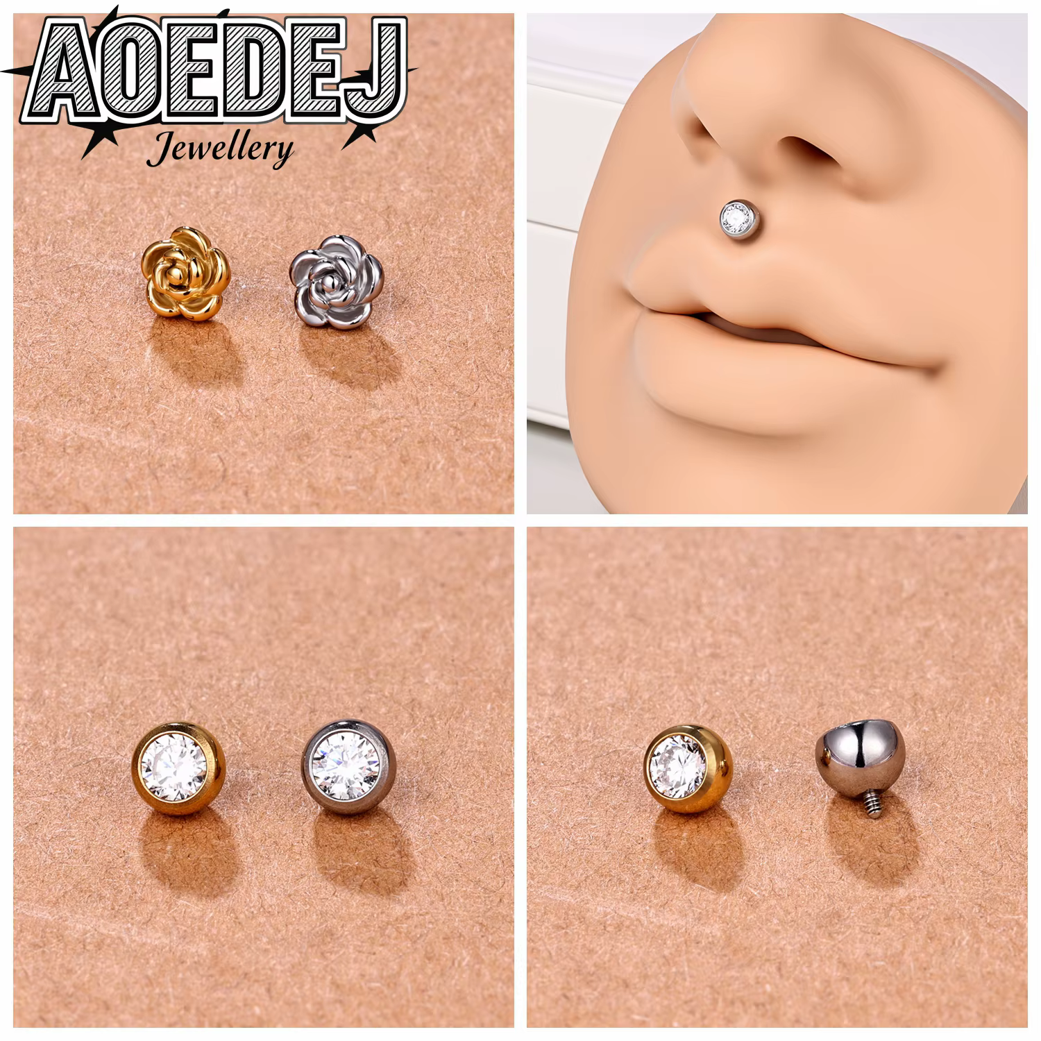 AOEDEJ 1-10 pièces/lot Têtes de clous d'oreilles en cristal CZ 18G