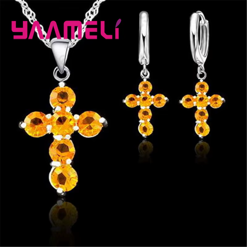 925 argent Sterling cristal autrichien croix pendentif collier boucles d'oreilles cerceau ensembles de bijoux brillant AAA Zircon 10 couleurs