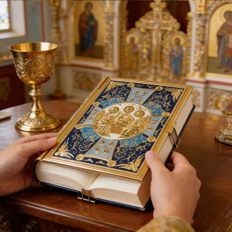 Couverture de livre de chants orthodoxes plaquée or de luxe avec icône émaillée de la Sainte Trinité pour la liturgie