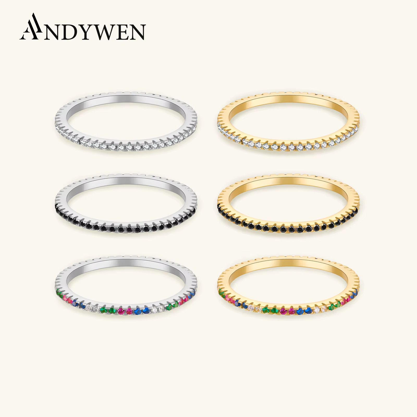 ANDYWEN 925 en argent Sterling multicolore anneaux arc-en-ciel noir blanc luxe femmes bijoux de fête pour 2020 Rock