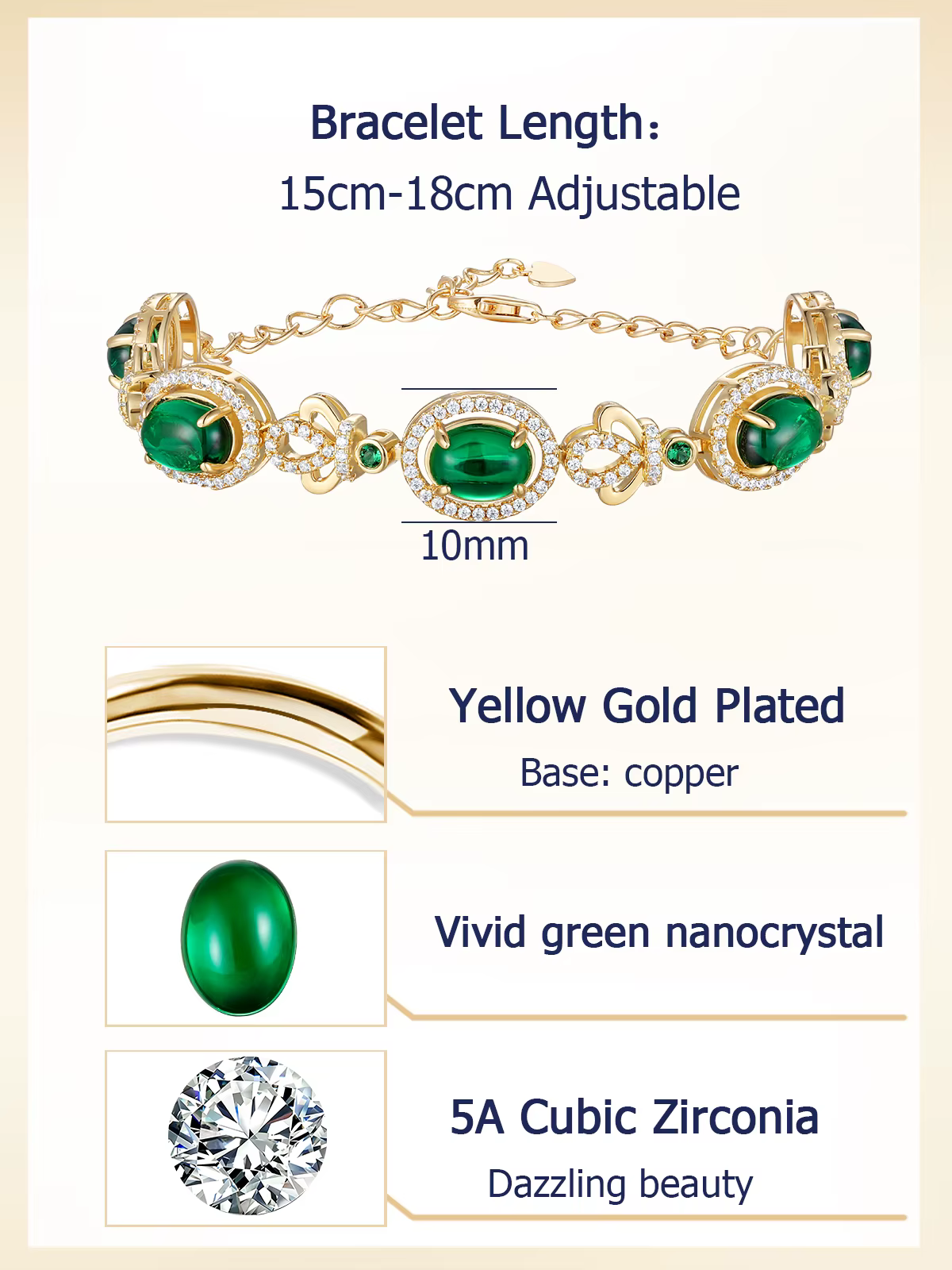 Bracelet TYYL plaqué or 14 carats avec pierres synthétiques vertes et zircon 5A