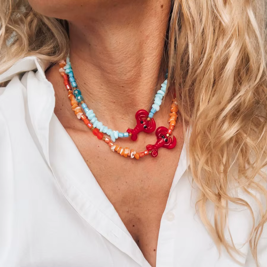 Collier et bracelet en forme de homard et de crabe avec glaçure colorée et coquille pour femmes