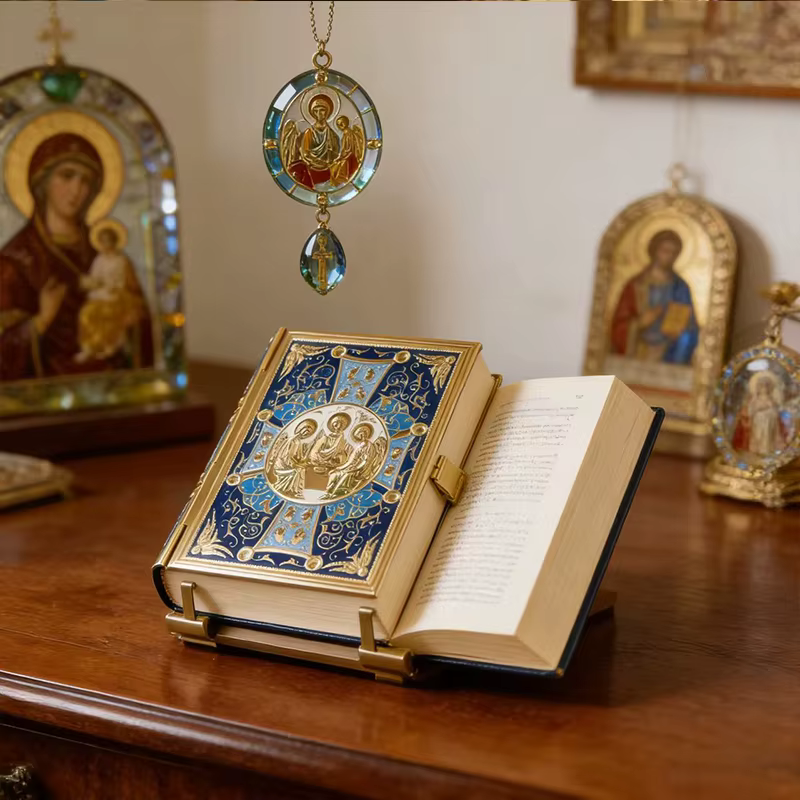 Couverture de livre de chants orthodoxes plaquée or de luxe avec icône émaillée de la Sainte Trinité pour la liturgie