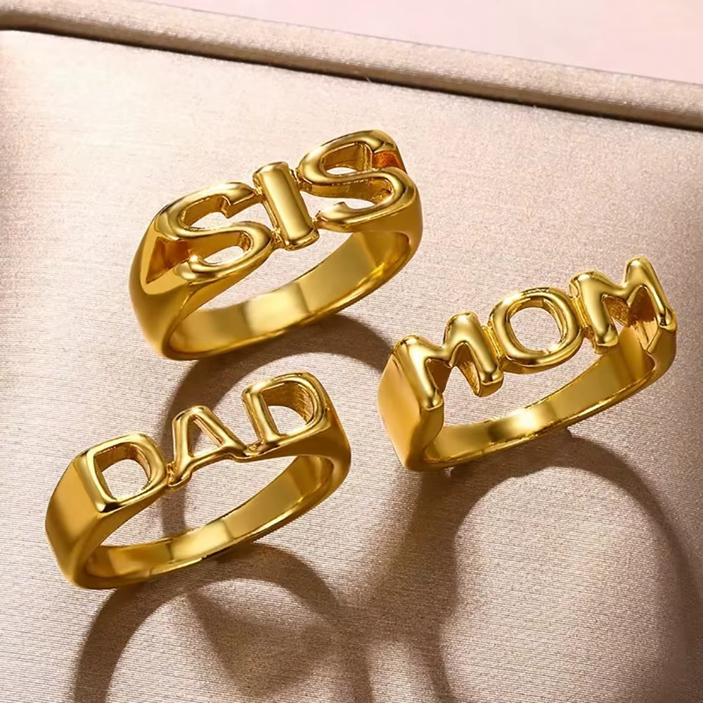 MOM SIS DAD Gold Document Finger Ring for Women and Men, Letters, Vintage, Fashion Jewelry, Family, Christmas Gifts