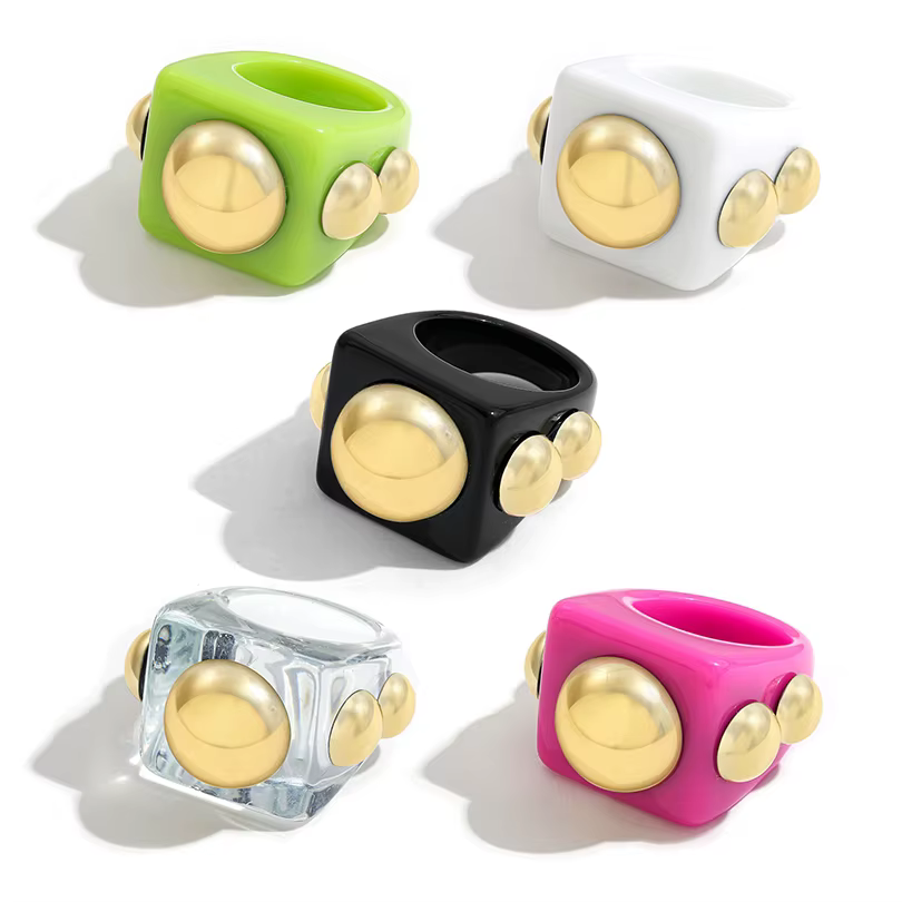Grand anneau en résine acrylique or diamant couleur bonbon géométrique INS été fille chaude gelée