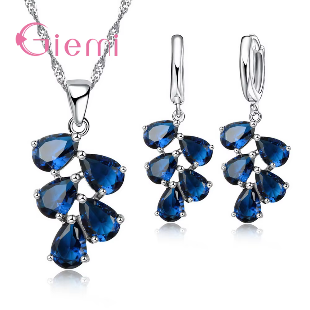 Pur 925 argent Sterling vigne goutte d'eau zircon cubique pendentif collier boucles d'oreilles ensembles de bijoux pour les femmes cadeaux de fiançailles de fête