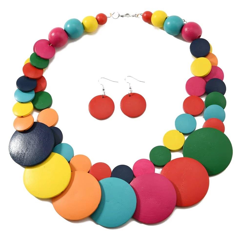 Bijoux africains bohème couleur géométrique ronde perles en bois fait à la main collier et boucles d'oreilles accessoires de fête pour femmes