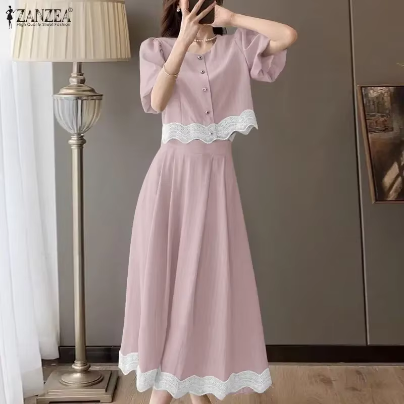 ZANZEA Ensemble de jupe et chemisier à manches bouffantes en dentelle vintage française