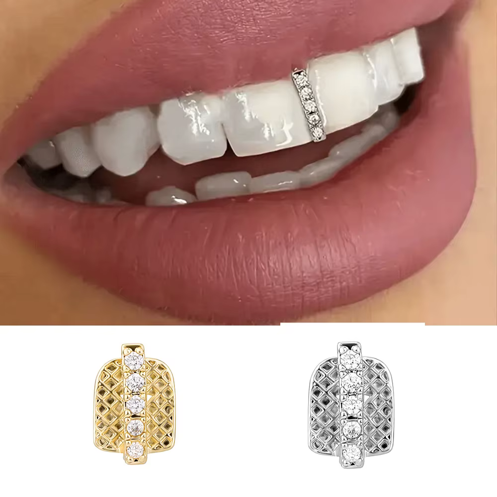 YOUNGX barre verticale CZ pierre dent bouchons bretelles Hip Hop unique brillant 5 Zircon dents Grillz pour femmes hommes bijoux grilles dentaires