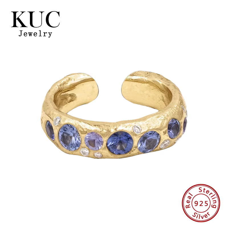 Bague ouverte texturée en argent sterling 925 avec zircon bleu et violet