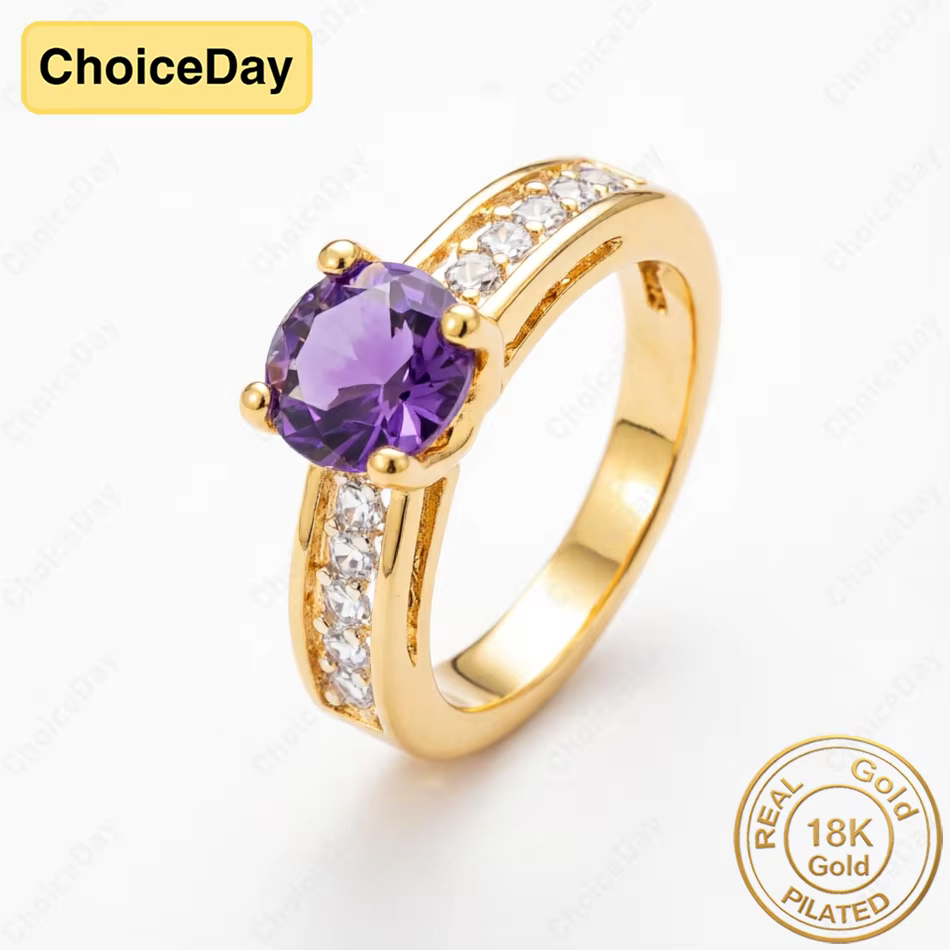 Bague de luxe plaquée or 18 carats avec zircon violet rond pour femme