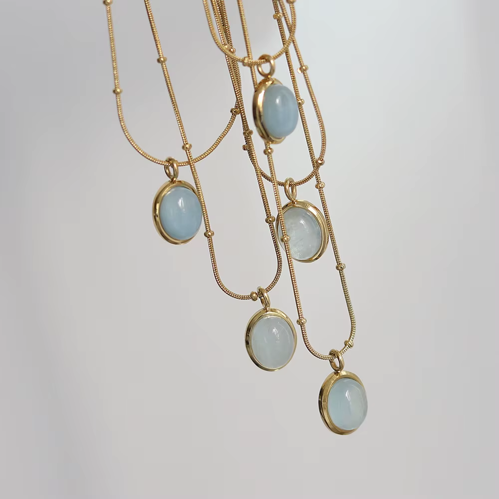 Amaiyllis naturel aigue-marine pierre ovale pendentif collier minimaliste délicat