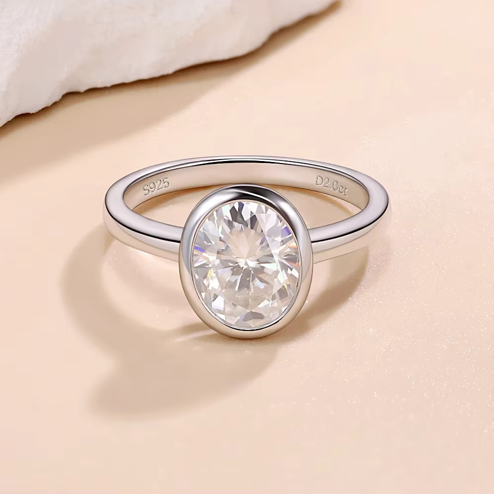 Bague Solitaire Ovale en Moissanite Plaqué Or Blanc Argent S925 LinkerLove