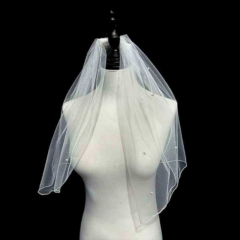 Voile court de mariée double couche style français avec perles