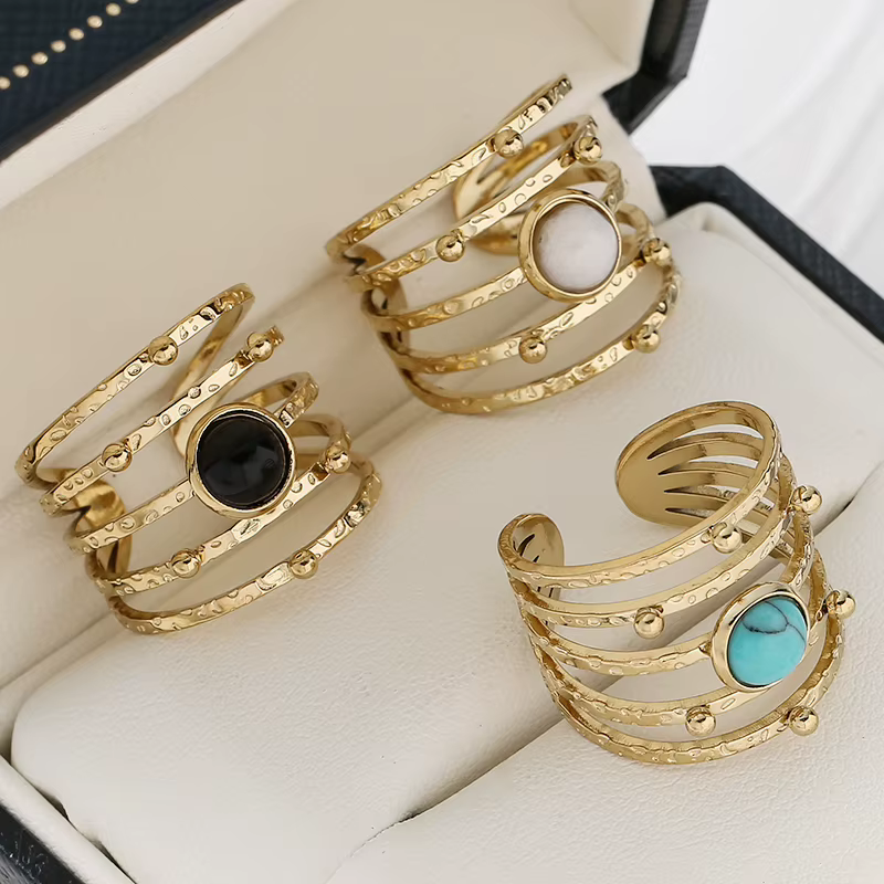 Bague ouverte en pierre naturelle creuse Boho pour femme