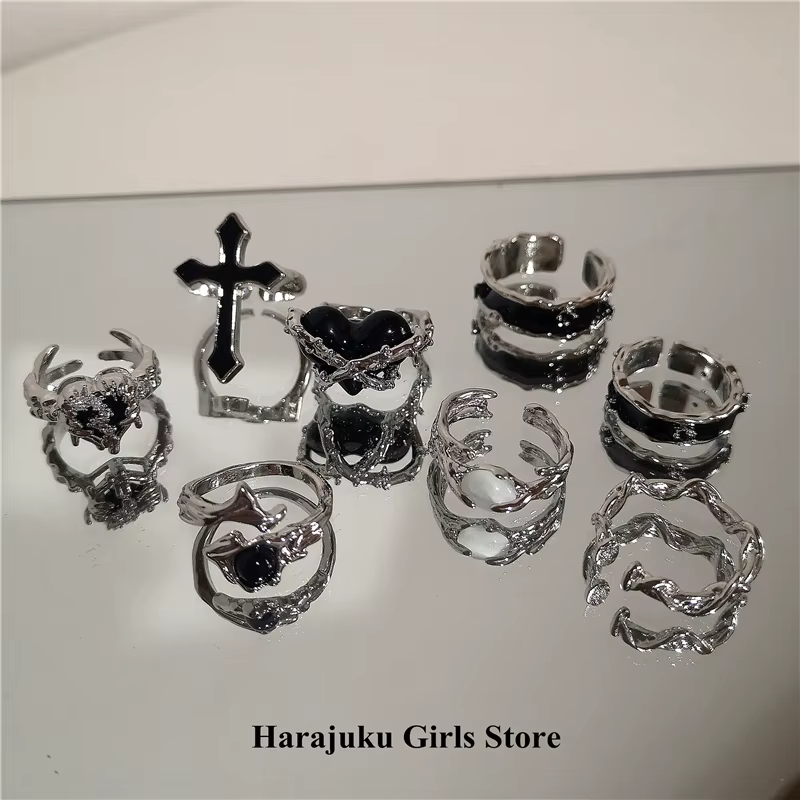 Punk Harajuku Goth épines noir argent couleur coeur irrégulier croix anneau ouvert pour femmes hommes amoureux Vintage années 90 Y2K Grunge bijoux