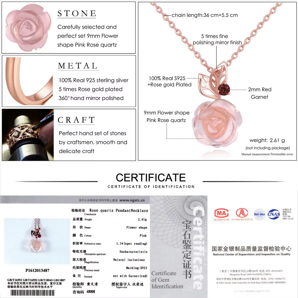 Collier en argent regardé 925 avec fleur rose