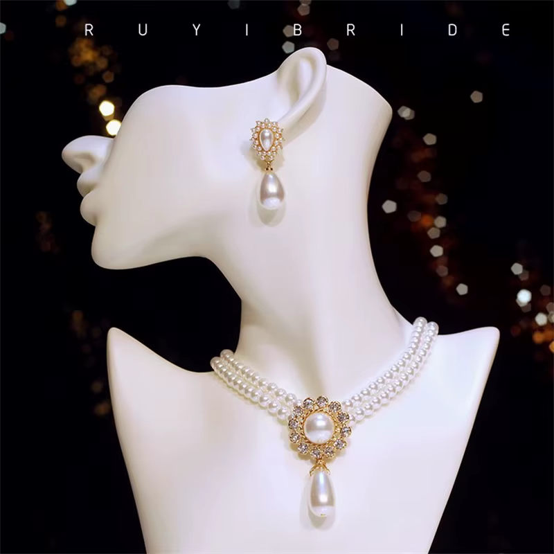 SHMIK élégant Vintage palais plein perle pendentif collier chaînes boucles d'oreilles pour femmes dame classique exquis