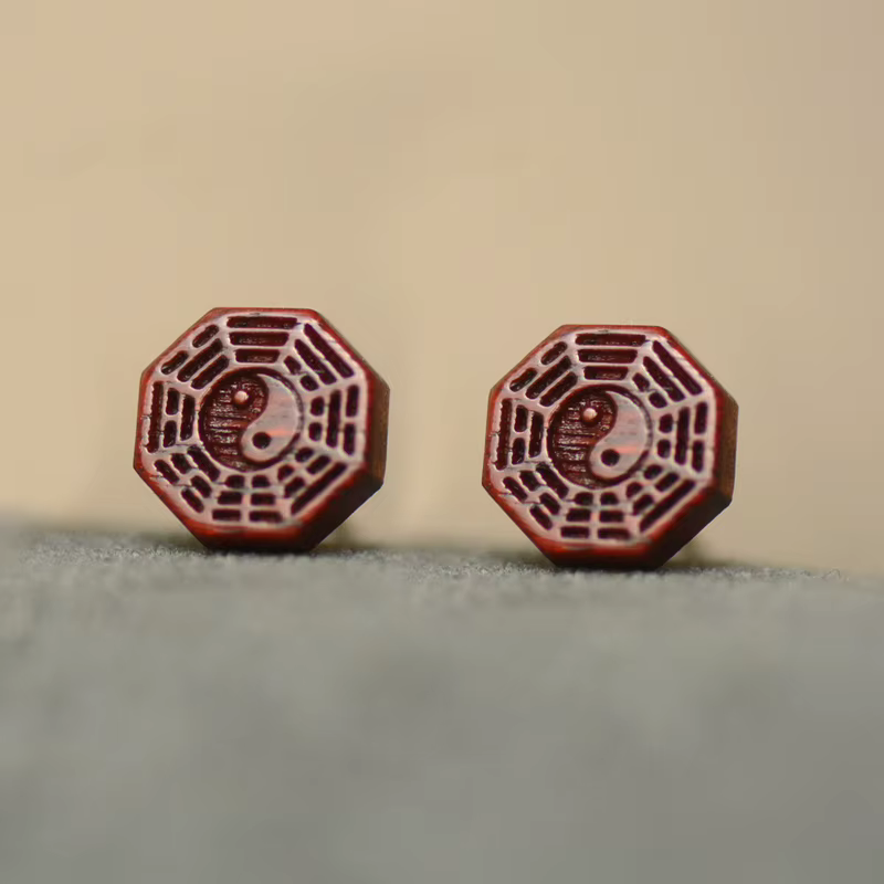 Boucles d'oreilles Taiji Bagua en bois de santal et argent Sterling