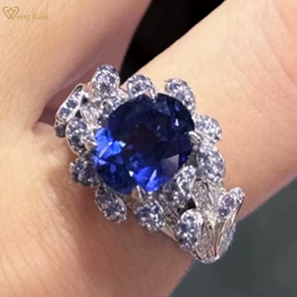 Wong Rain luxe 925 en argent Sterling étincelant 8*10 MM saphir haute teneur en carbone diamant gemmes bague de Cocktail pour les femmes bijoux fins