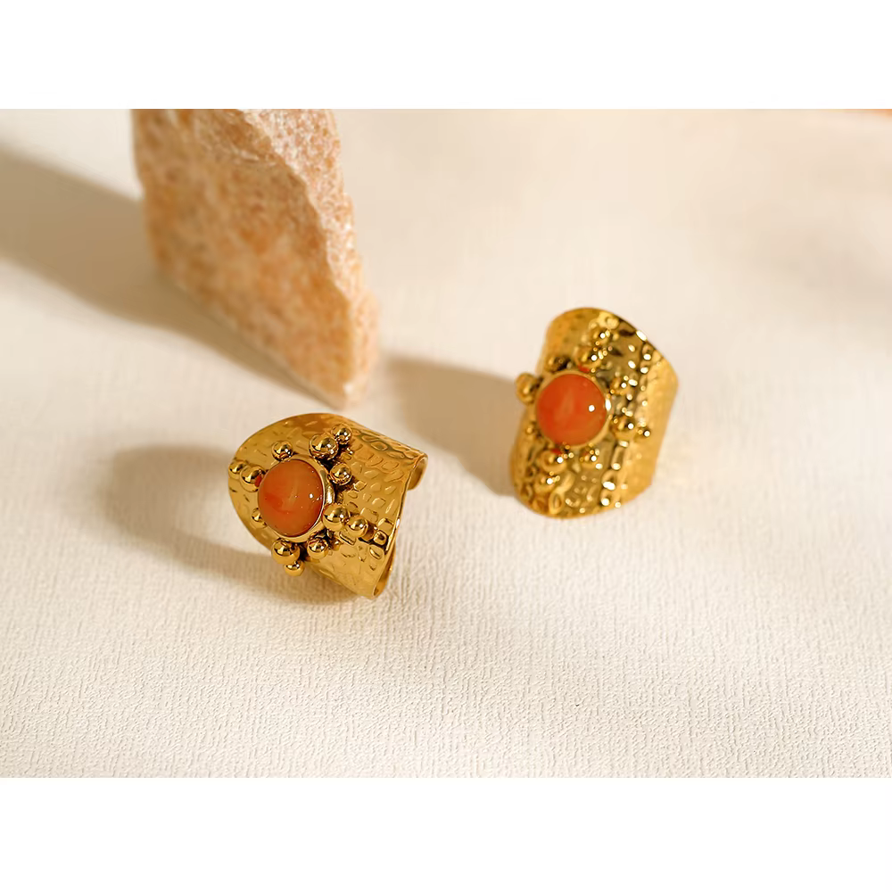 YACHAN 18K plaqué or inoxydable femmes large anneau luxe Pierre orange texture métallique bijoux esthétiques de mode