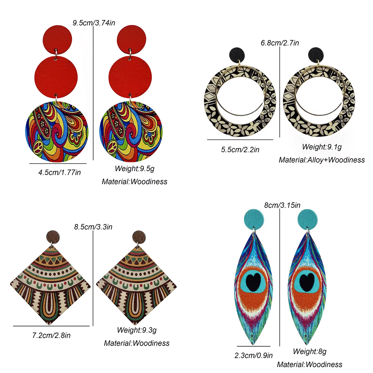 Boucles d'oreilles ethniques bohème en bois peint coloré pour femmes