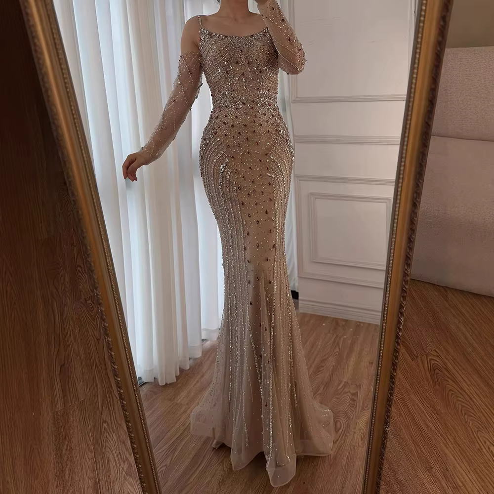 Robe de soirée de luxe en perles bleu marine, couleur chair, avec bretelles Spaghetti, manches longues, pour occasions formelles, Serene Hill, LA73120, personnalisée
