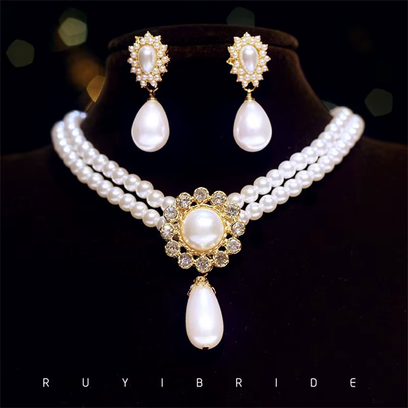 SHMIK élégant Vintage palais plein perle pendentif collier chaînes boucles d'oreilles pour femmes dame classique exquis