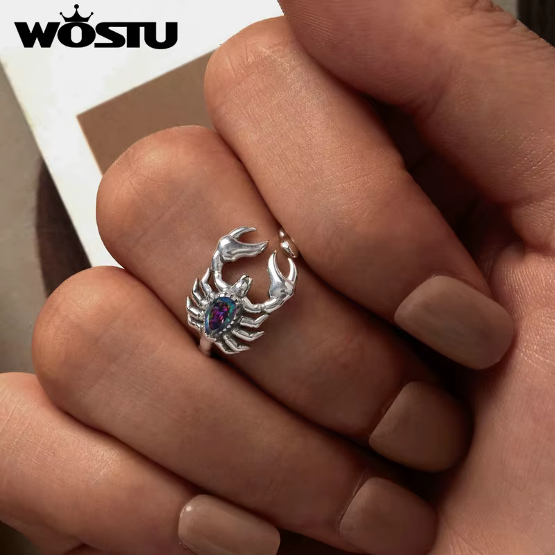 WOSTU 925 argent Sterling rétro Scorpion anneaux femmes créatif désert Animal arc-en-ciel mystique cristal Punk anneau fille Hip Hop cadeau