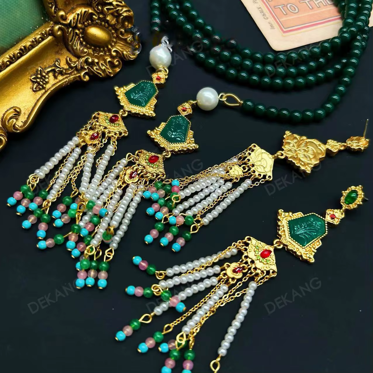 Nouveau Collier et boucles d'oreilles totem à thème ethnique de perles à franges de Style chinois