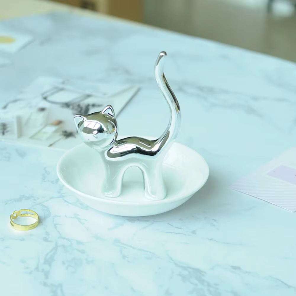 Nouveau porte-anneau de chat en céramique or argent présentoir de bijoux support