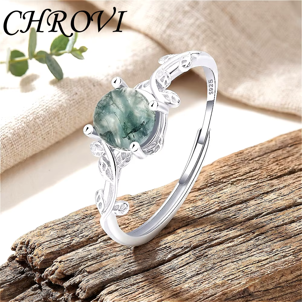 Nouvelle bague de luxe légère en argent sterling 925 avec pierre d'agate mousse verte