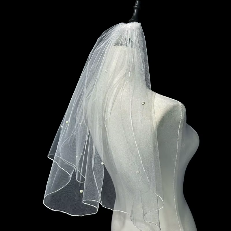 Voile court de mariée double couche style français avec perles