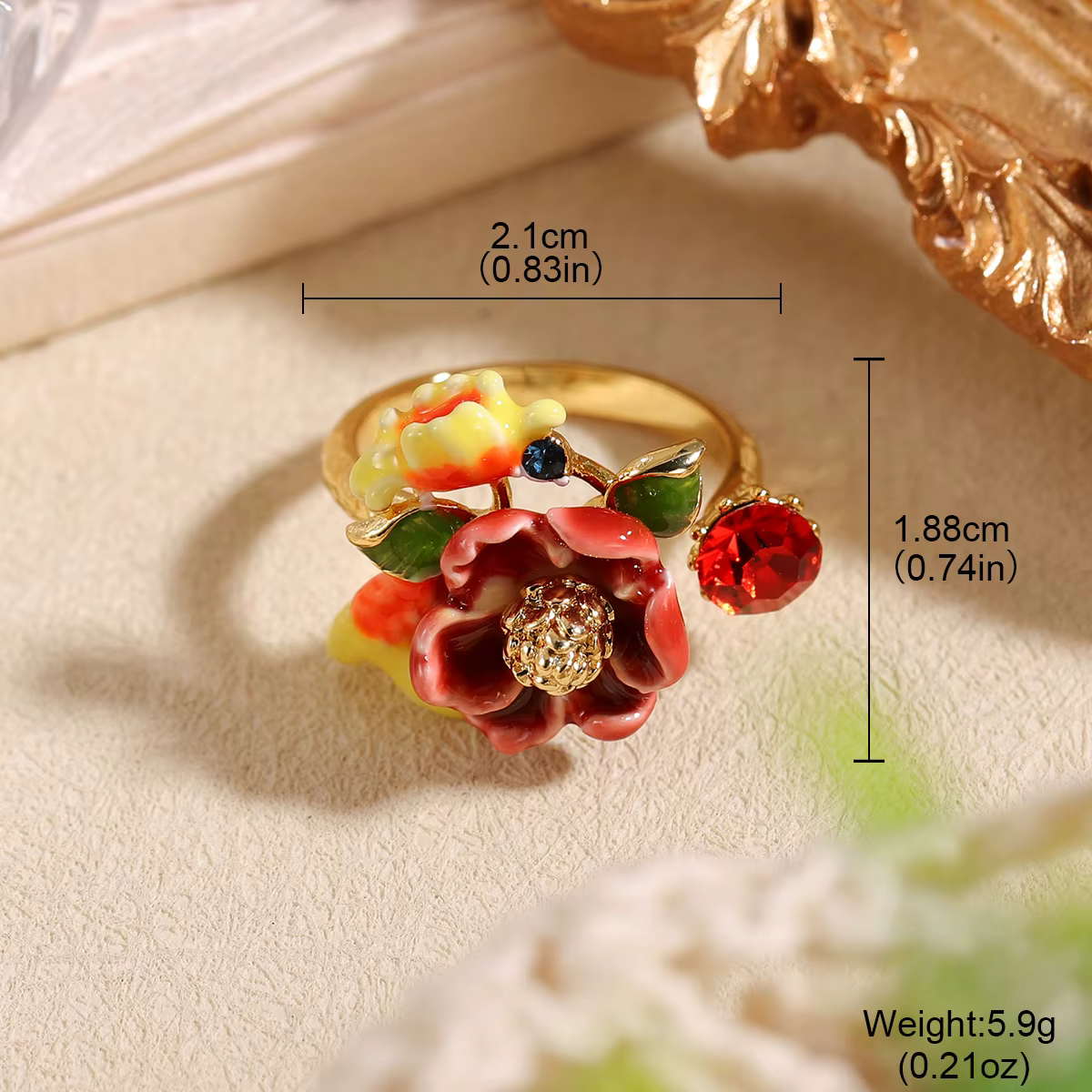 Bague ouverte fleur émaillée vibrante pour femme - Bijou ajustable doré