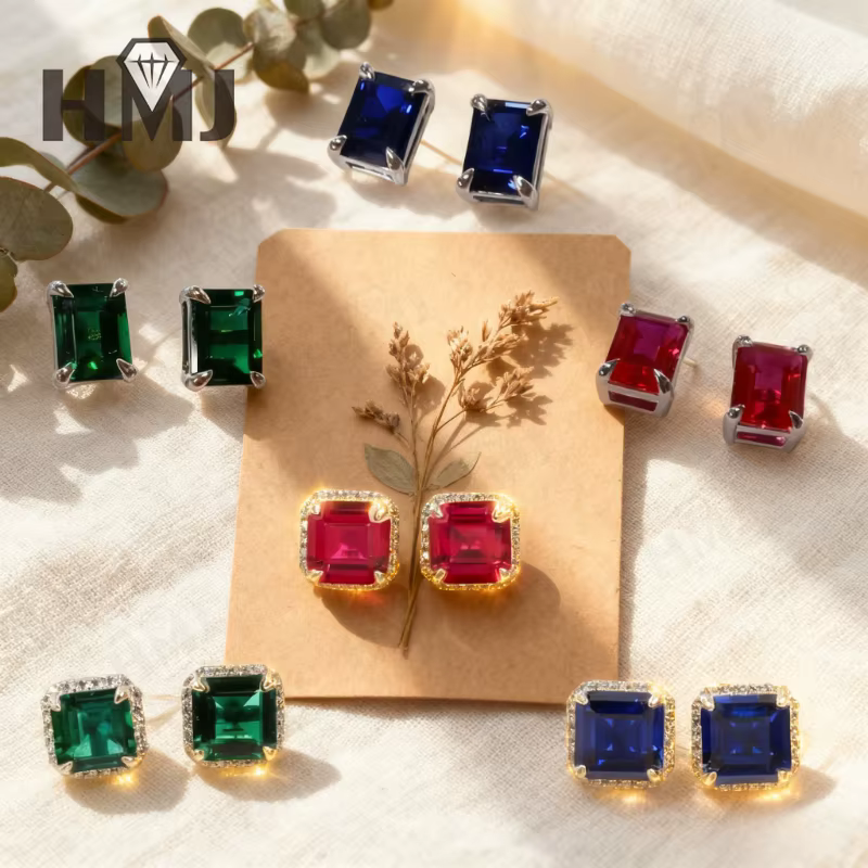 Boucles d'oreilles Columbia en émeraude/rubis/saphir cultivées en laboratoire