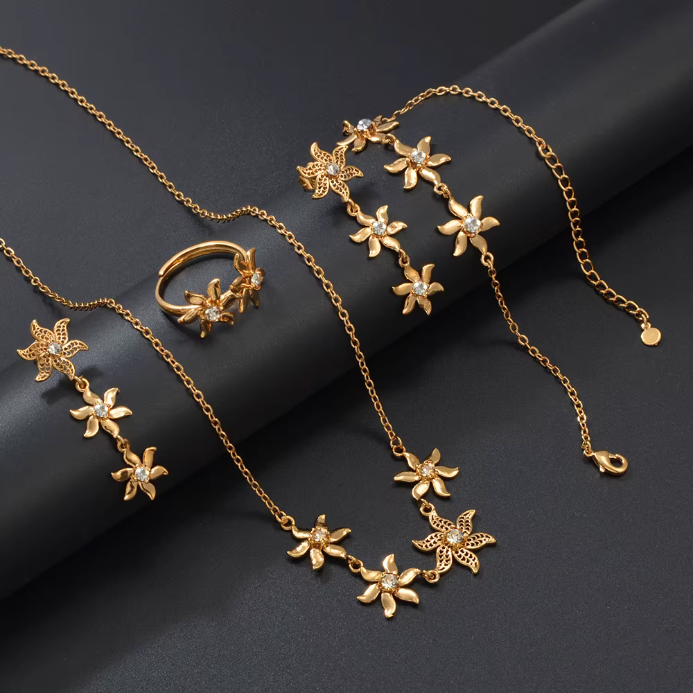 Anniyo ensembles de bijoux de fleurs africaines colliers boucles d'oreilles Bracelet et bagues pour femmes Collier Ylang