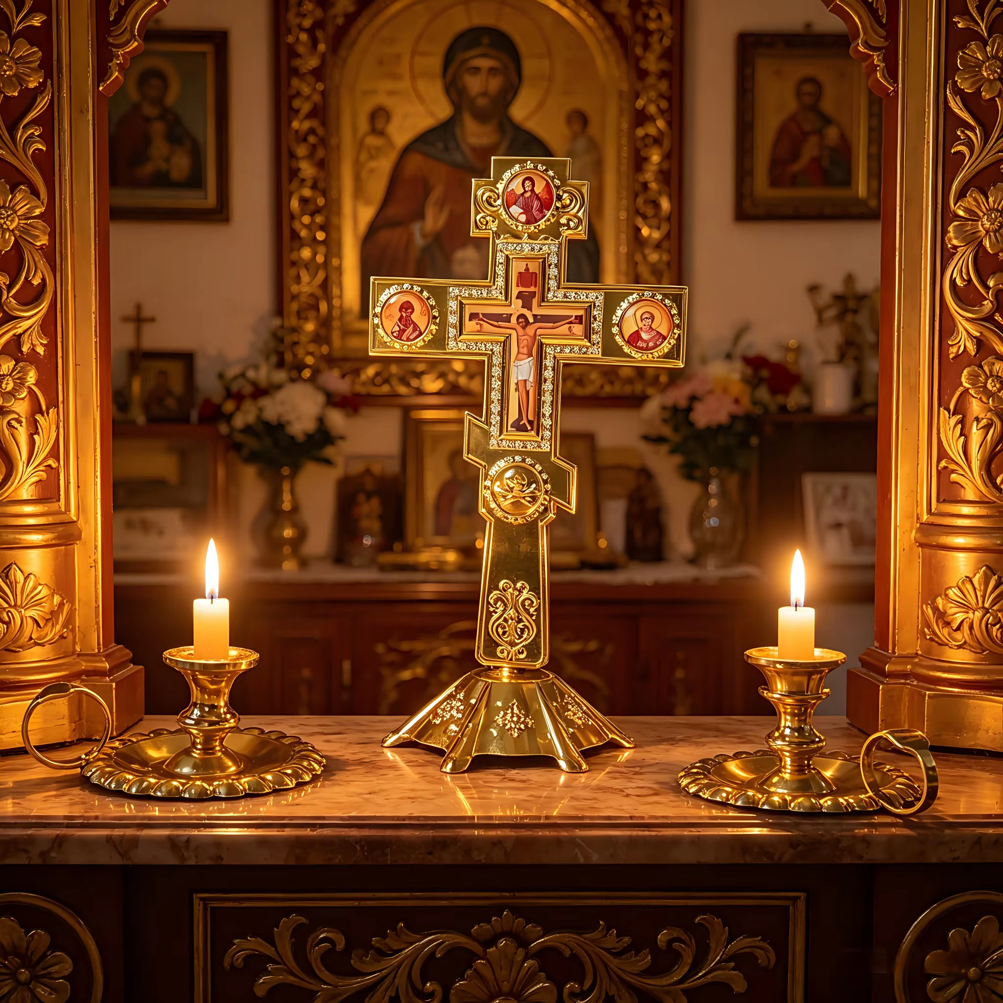 Nouvelle croix orthodoxe plaquée or avec base à icônes sacrées pour la liturgie de l'église