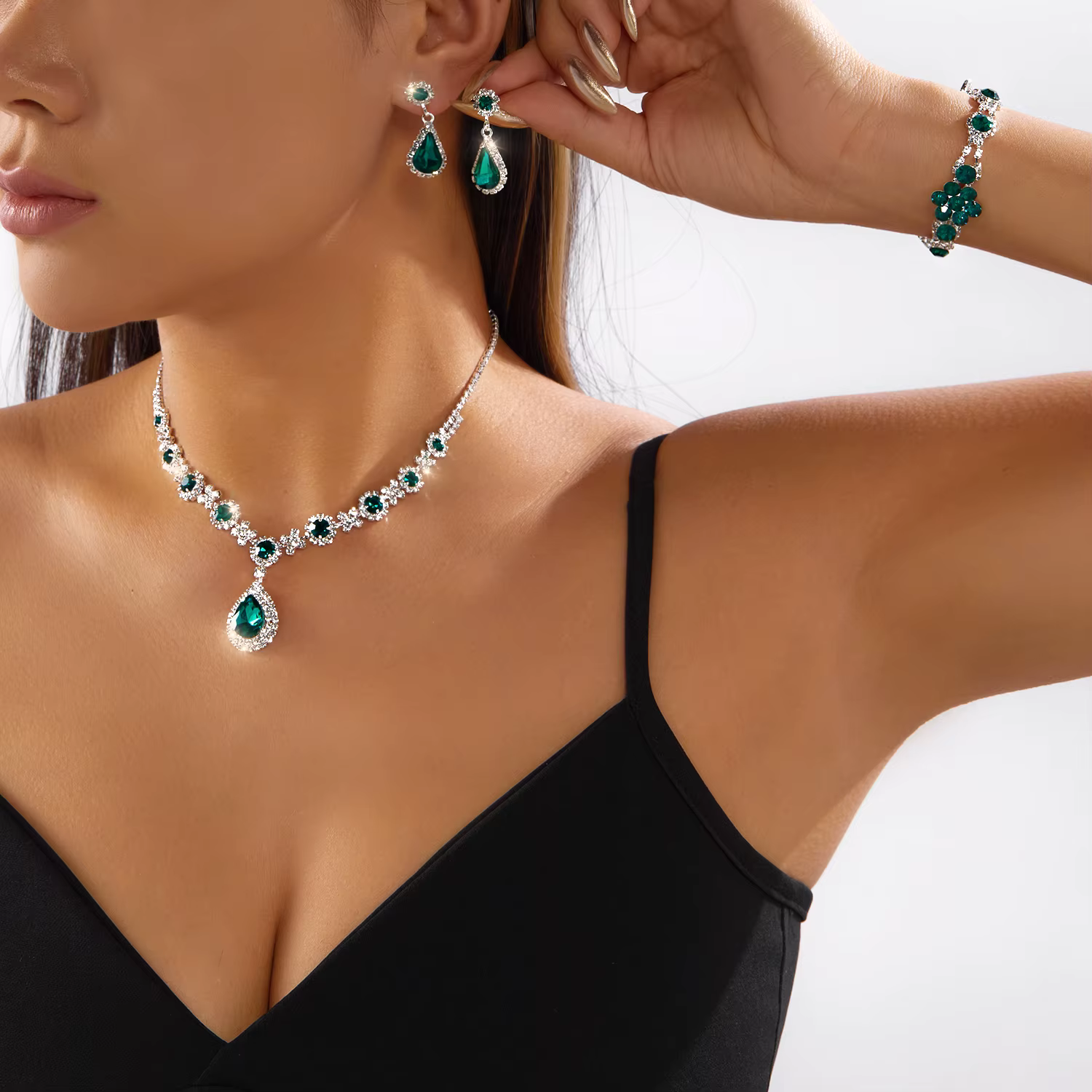 Ensemble de bijoux de luxe en cristal vert pour femmes