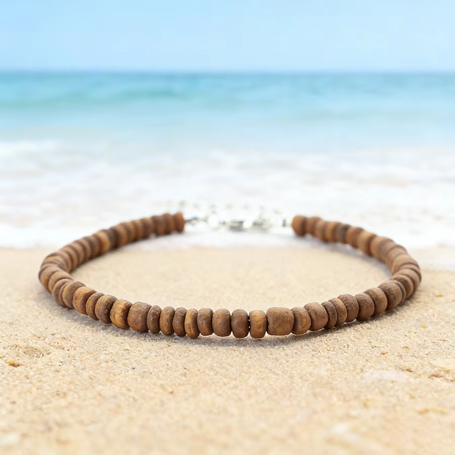 Chaîne de cheville bohème en perles de bois naturelles pour femme