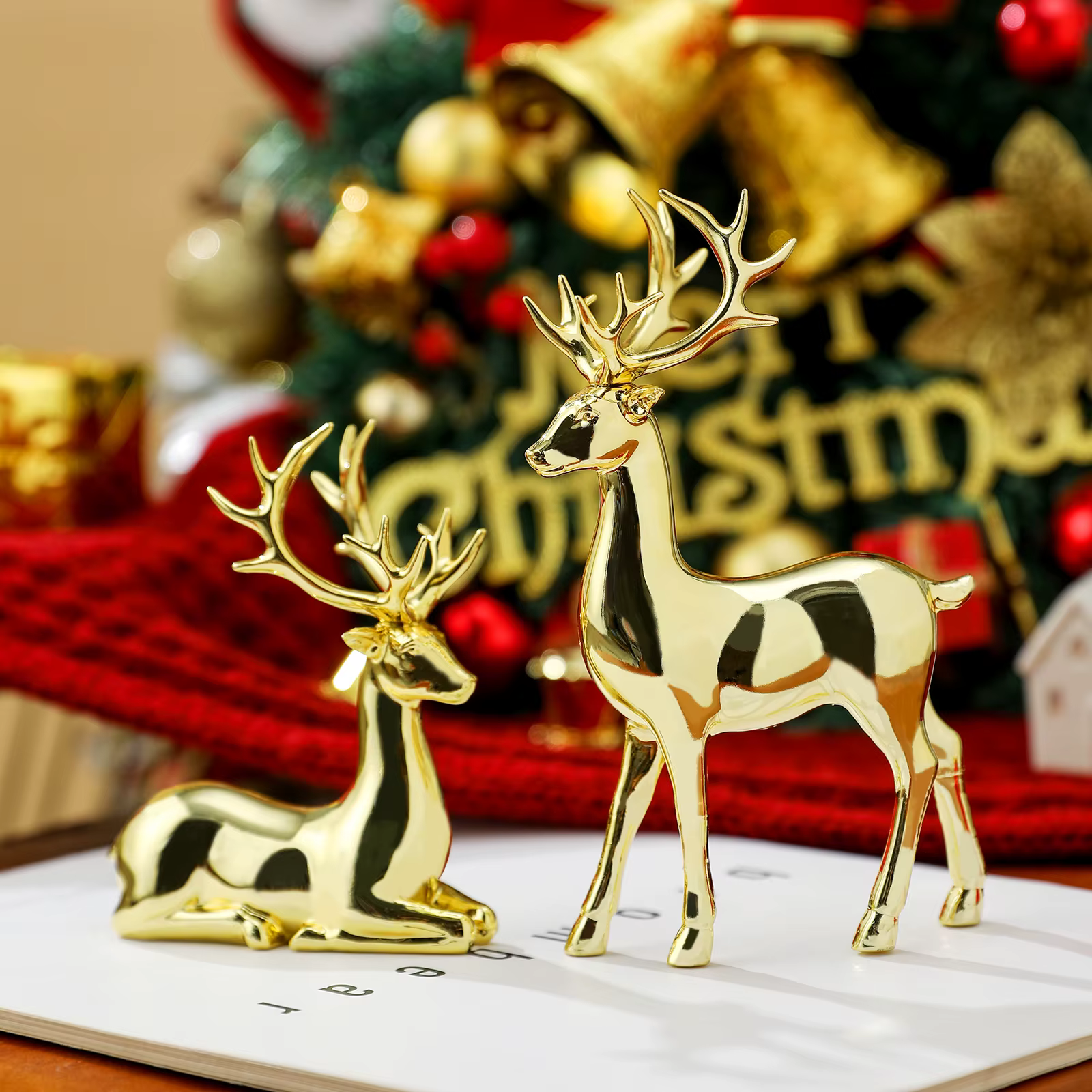 2 pièces décor de renne de noël résine debout assis cerf Figurine