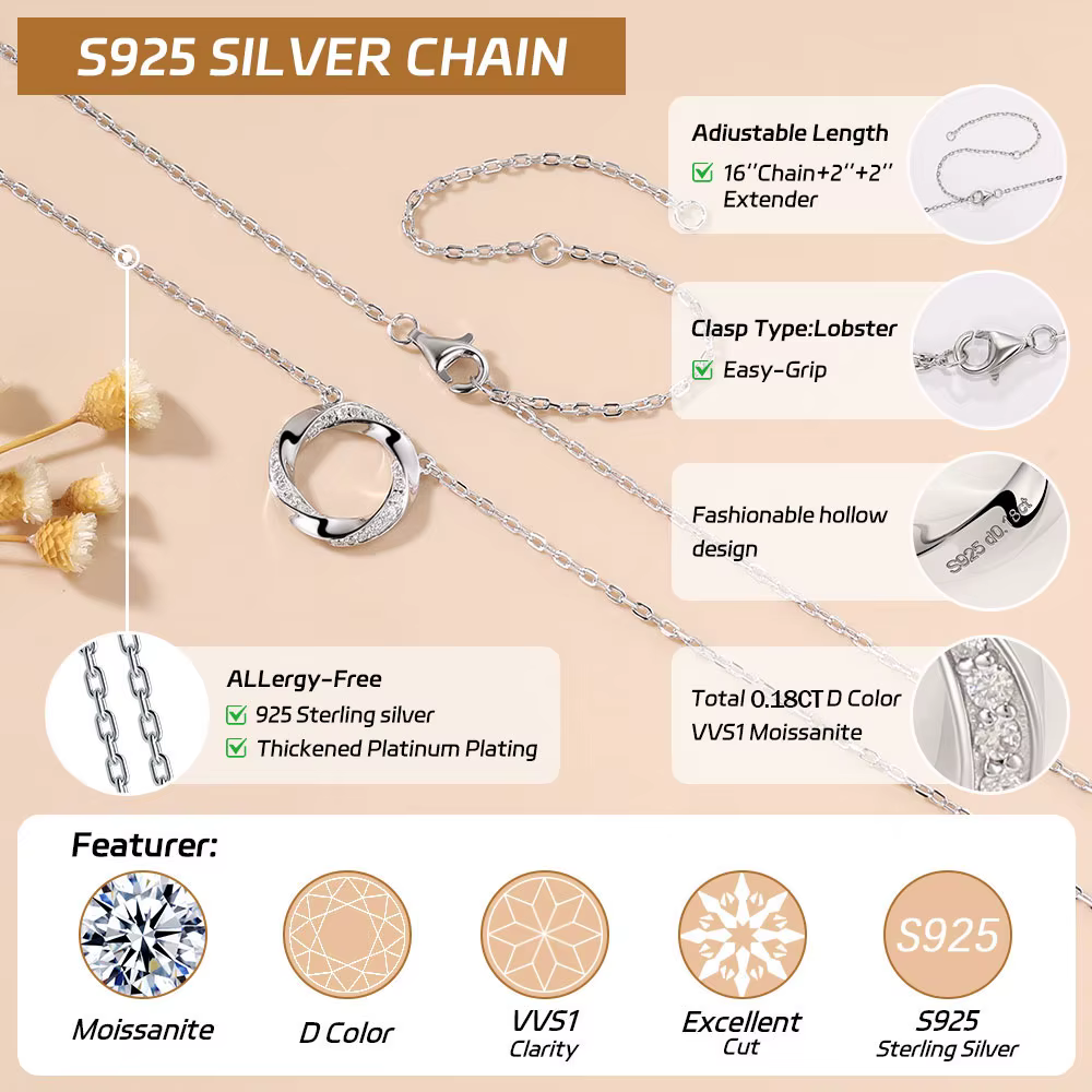 Collier pendentif cercle Mobius en moissanite Pretty Beauty pour femme