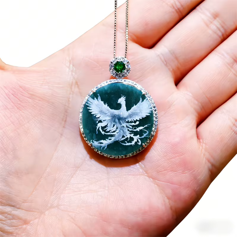 Collier pendentif Phénix en argent S925 avec émeraude naturelle véritable sculptée