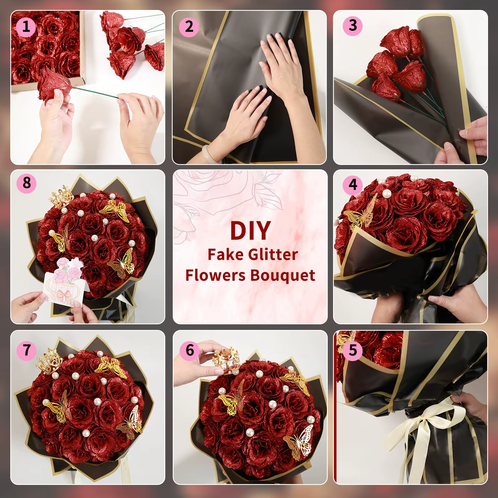 Bouquet de Roses à paillettes rouges