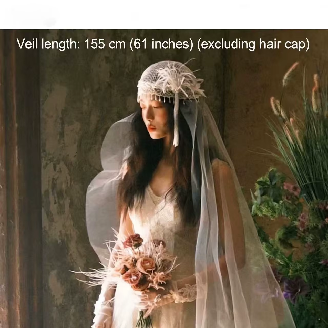 Voile de mariée vintage français avec plumes et pompons | Coiffe
