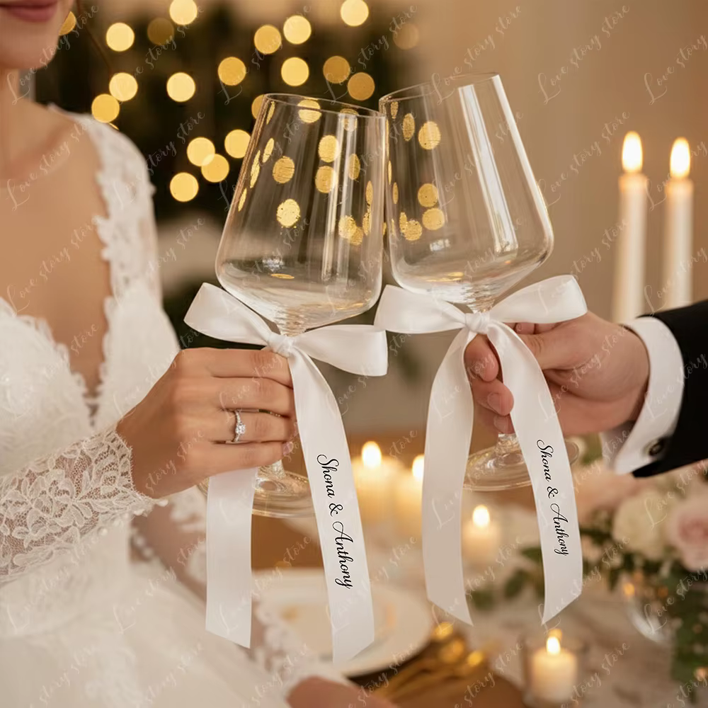 Rubans personnalisés nom de mariage réglage du lieu ruban de verre de Champagne nœuds décor de réception étiquette de nom de boisson de fête étiquettes de boisson