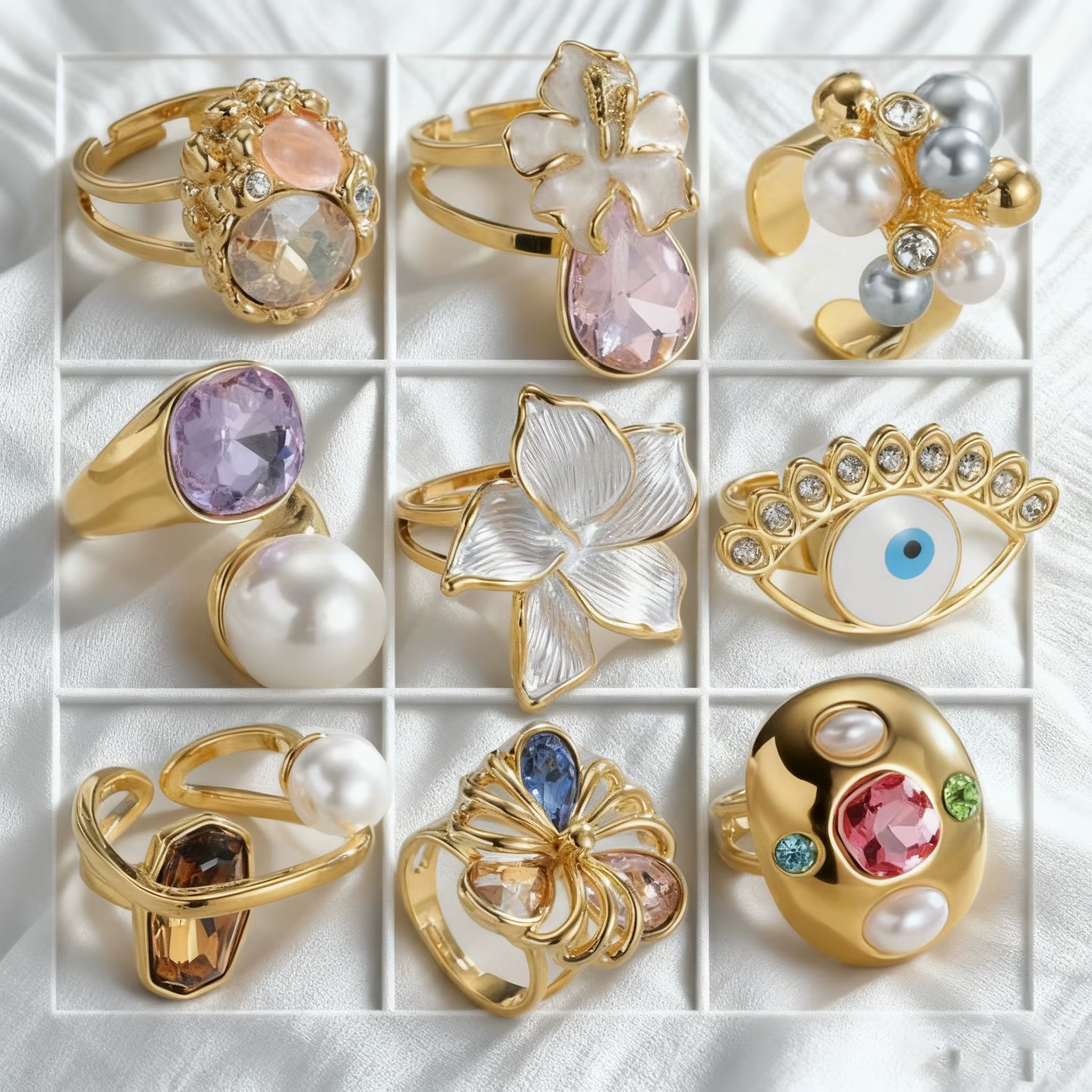 Sifisrri Simple Zircon fleur perlée anneaux pour femmes fille en acier inoxydable bijoux réglable couleur or anneau cadeau de noël