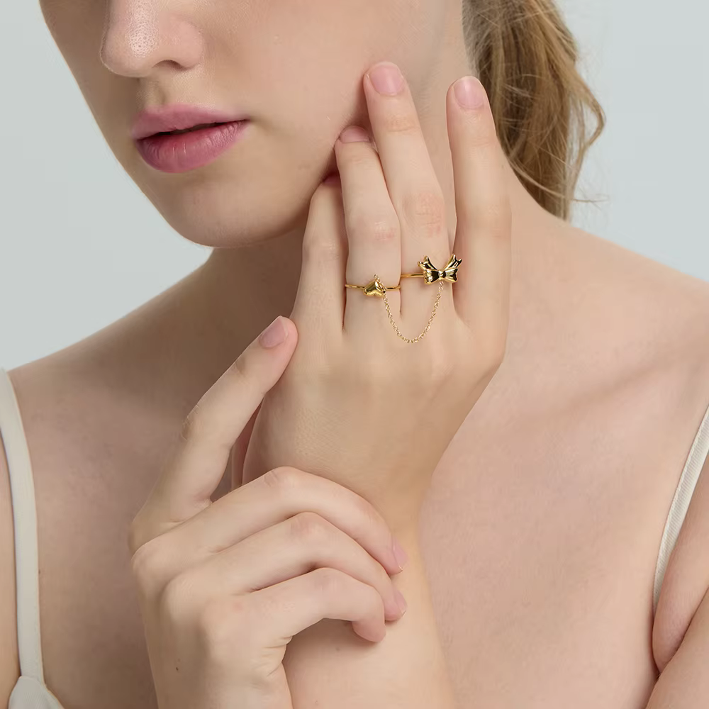 Ensemble de bagues papillon cœur tendance avec double chaîne de doigt