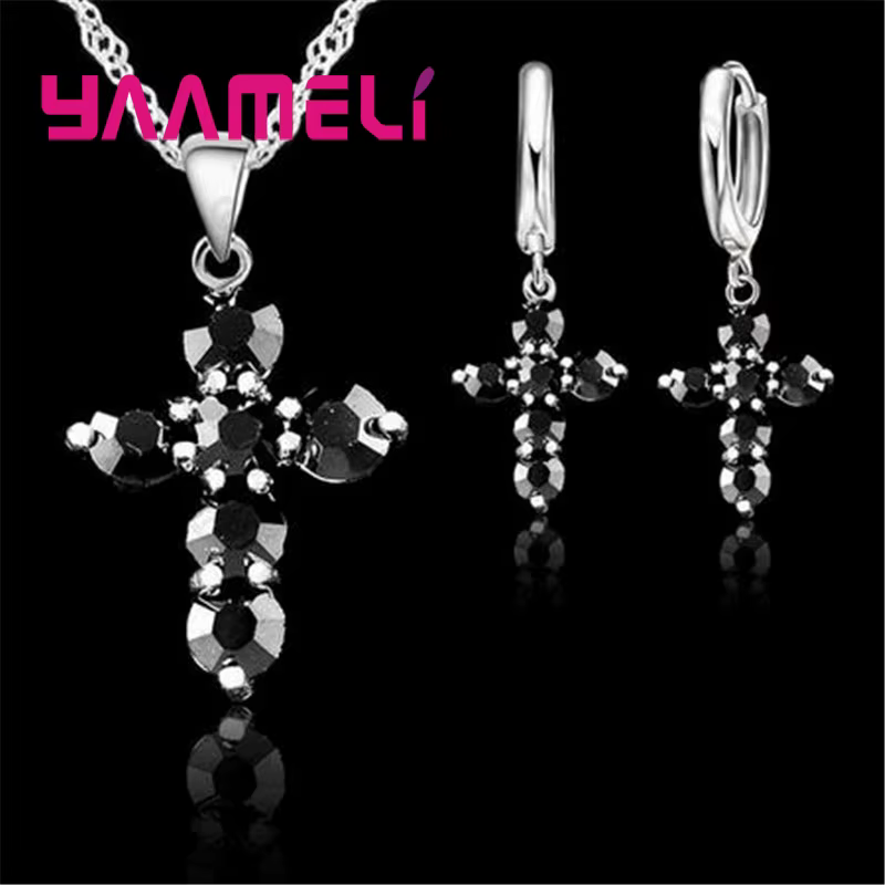 925 argent Sterling cristal autrichien croix pendentif collier boucles d'oreilles cerceau ensembles de bijoux brillant AAA Zircon 10 couleurs