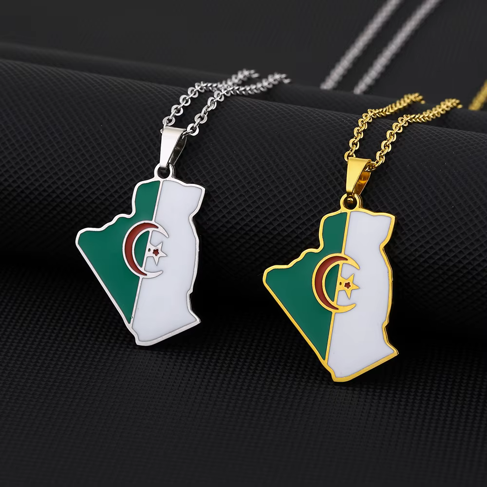 Afrique Algérie Carte Drapeau Pendentif Collier En Acier Inoxydable Or