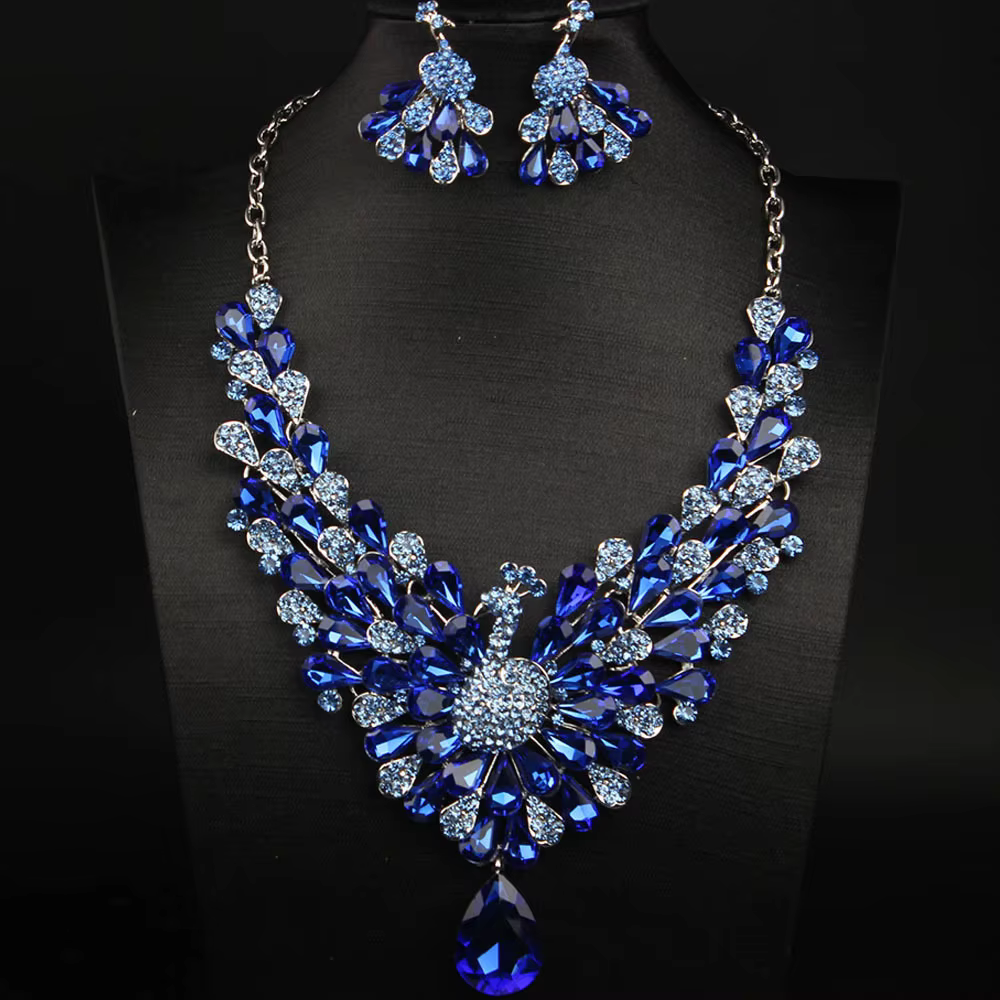 Nouvel ensemble collier et boucles d'oreilles paon - bijoux en pierres précieuses de style cristal. Accessoires de mariage. Cadeau pour femme.